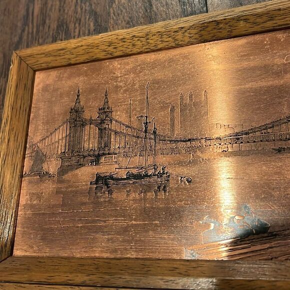 VTG copper etched art work Chelsea Bridge and Blackfriars Bridge in wood frame - Picture 4 of 6